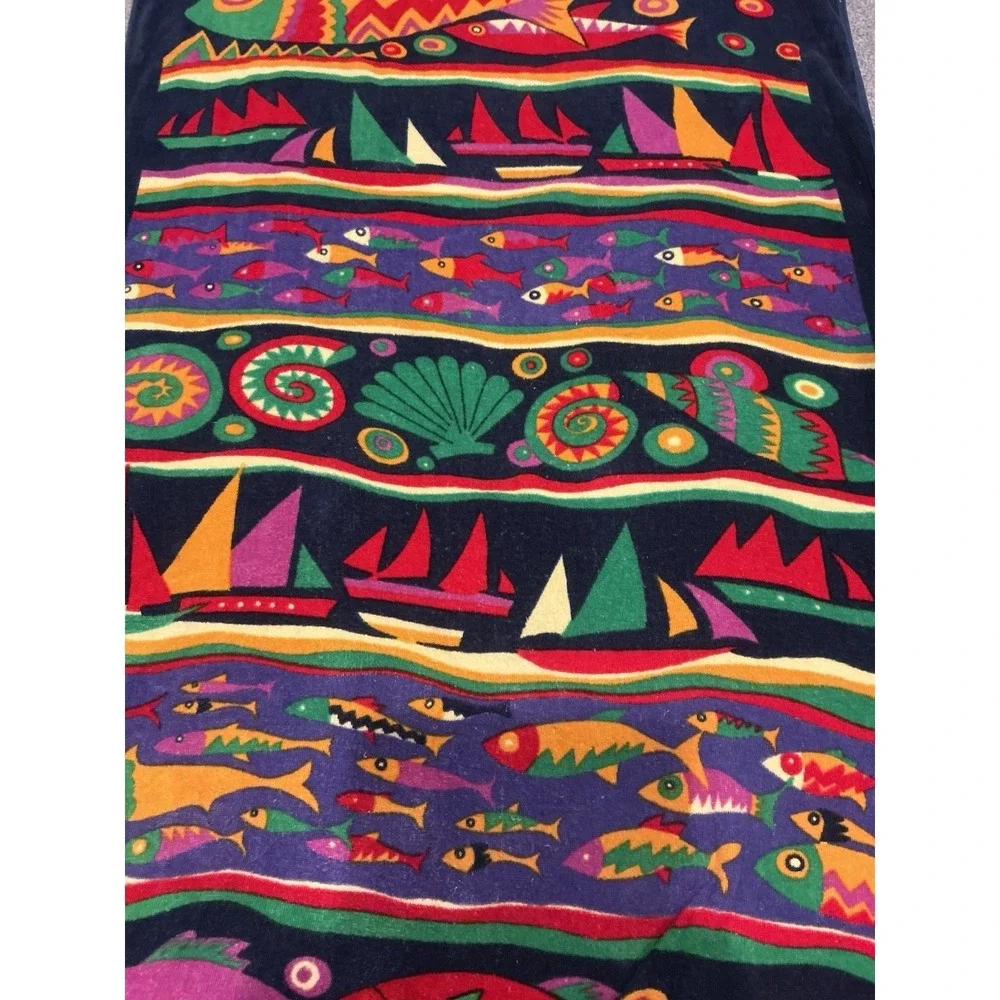 Vintage Beach Towel Featuring A Colorful Tropical Fish and Sailboat Design